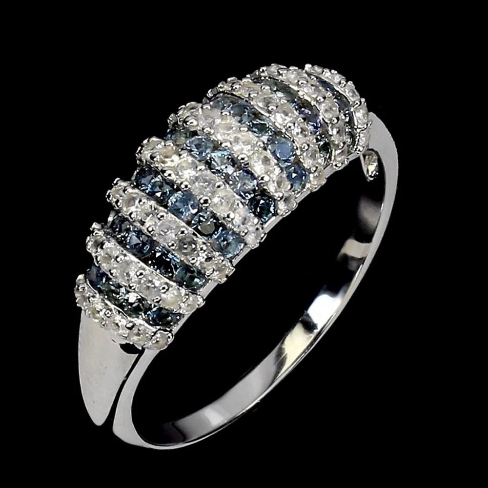 Elegant Diamond Cut Natural Sapphire & Topaz Ring in 925 Sterling silver Sz 7.5